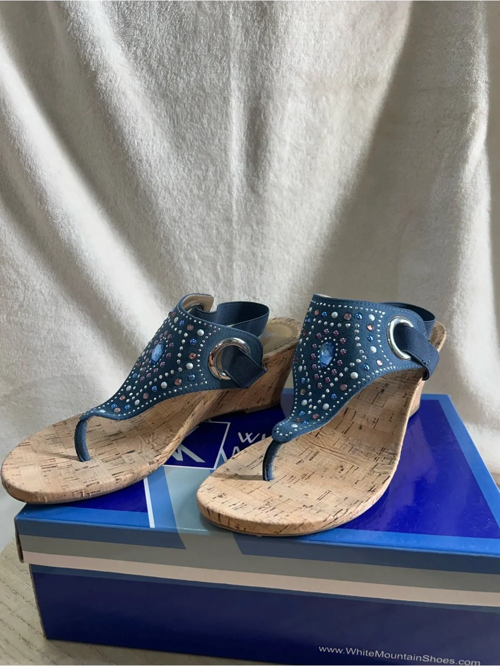 White Mountain Blue Jeweled Cork Wedge Sandals